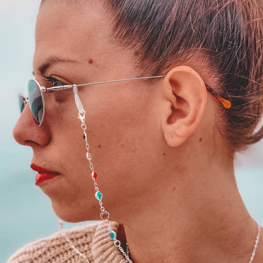 Ασημένια Μεταλλική Αλυσίδα Γυαλιών & Μάσκας με Πολύχρωμες Πέτρες CH12