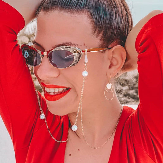 Ασημένια Μεταλλική Αλυσίδα Γυαλιών & Μάσκας με Λευκές Πέρλες CH20