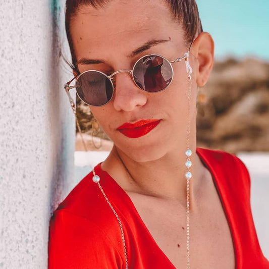 Χρυσή Μεταλλική Αλυσίδα Γυαλιών & Μάσκας με Λευκές Πέρλες CH22