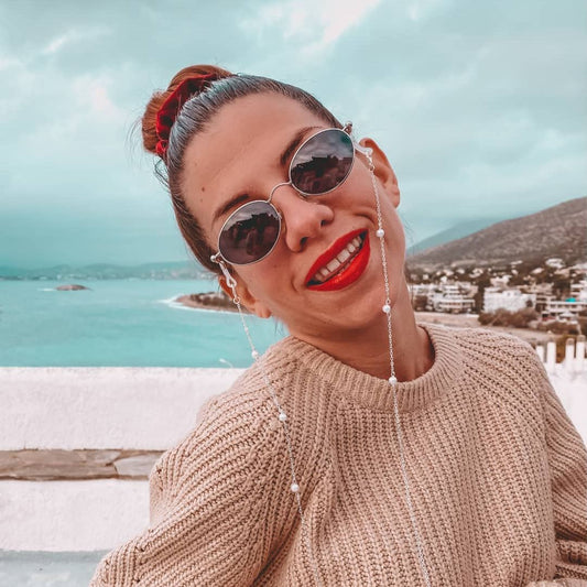 Ασημένια Αλυσίδα Γυαλιών & Μάσκας με Λευκές Πέρλες CH25